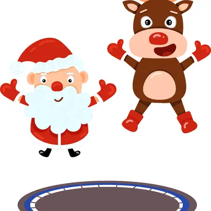 Illustration of cute cartoon santa and Rudolph jumping on a trampoline