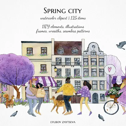 watercolor spring city clipart, black couples illustrations