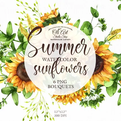 Sunflower Watercolor Clipart, Sunflower bouquet Clipart