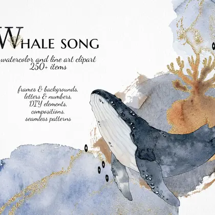 watercolor abstract ocean clipart, whale illustrations