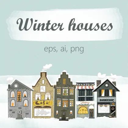 Winter houses hand drawn clipart - it`s a cute collection of snowy christmas 16 winter houses in earth tones,
