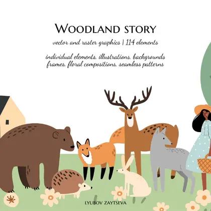 Woodland story. Forest Illustration Set with Scenes and Patterns
