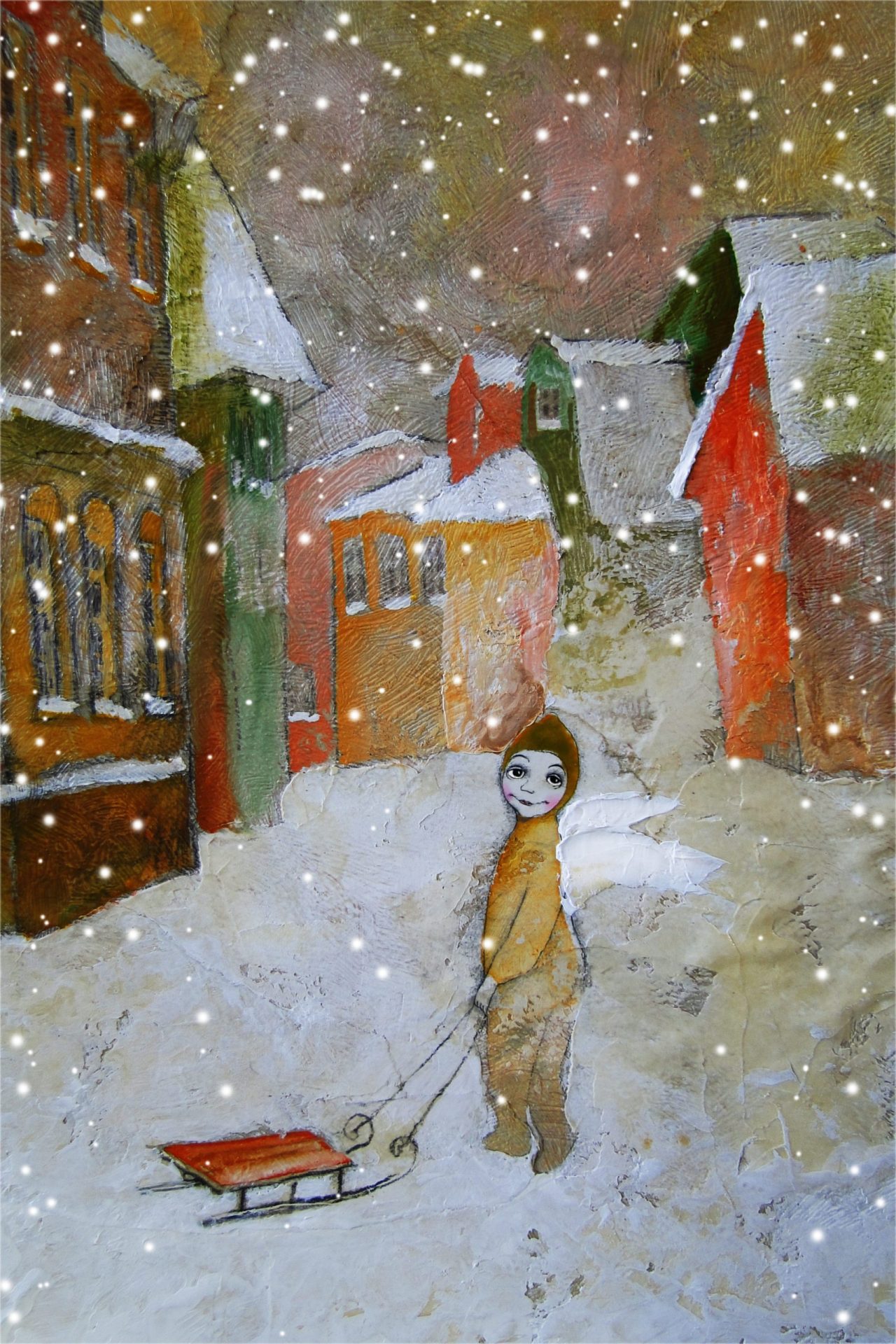 Winter scene art Angel in old town digital painting 4 winter scene art