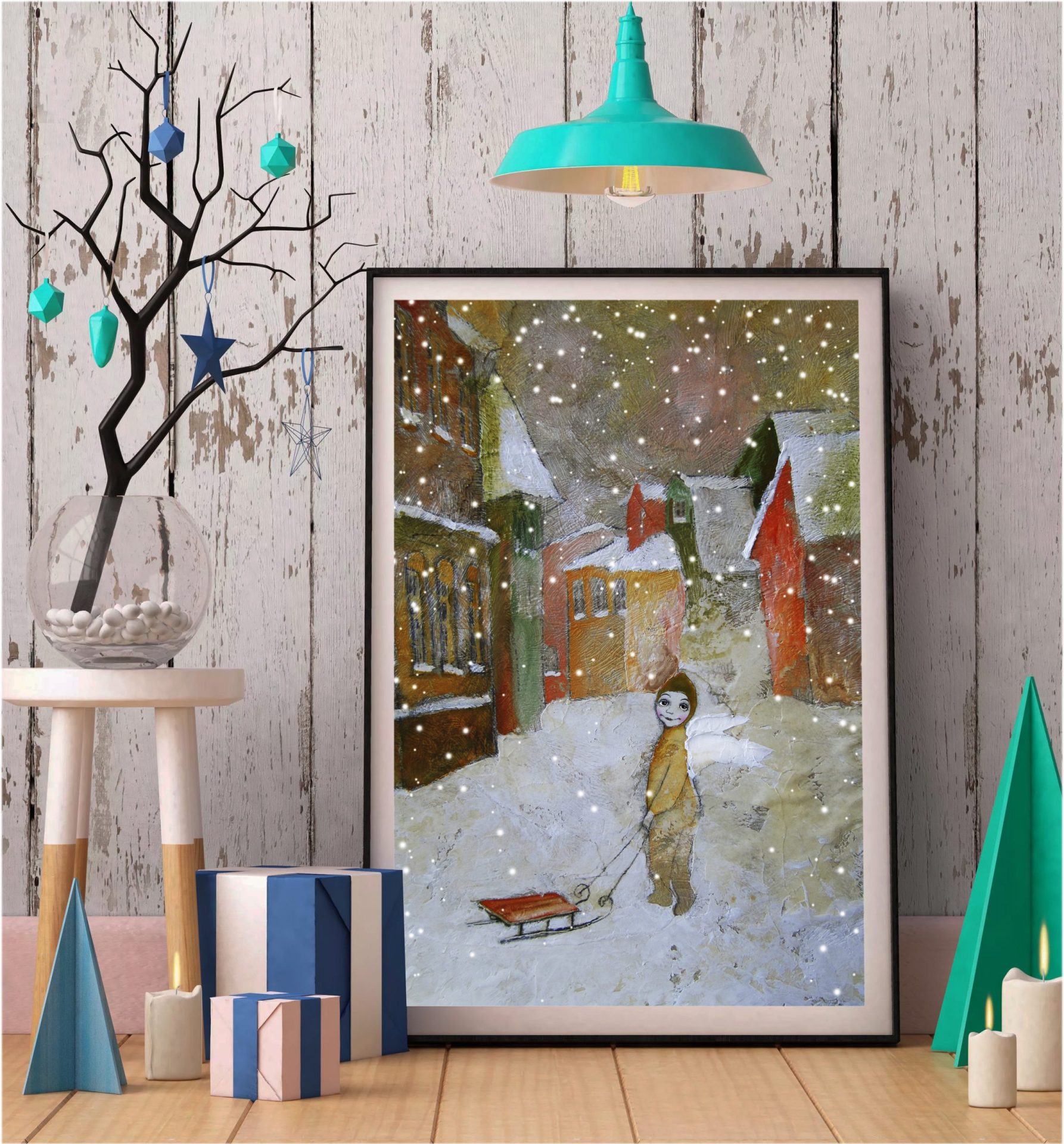 Winter scene art Angel in old town digital painting 3 winter scene art
