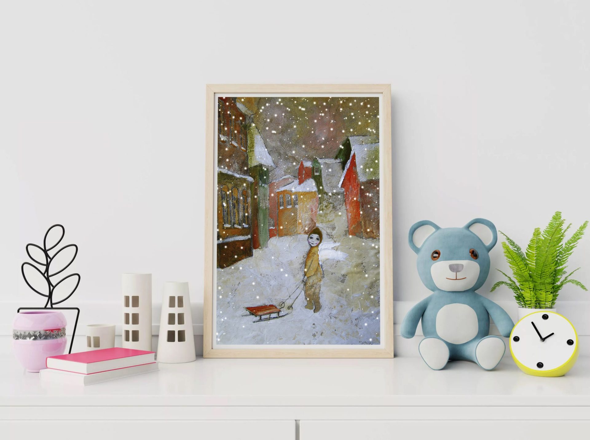 Winter scene art Angel in old town digital painting 2 winter scene art