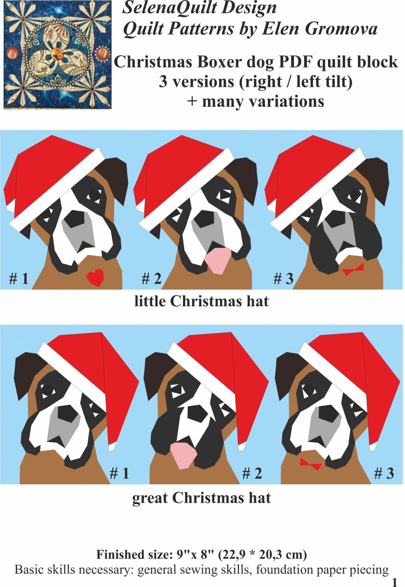 Christmas Boxer dog quilt block PDF Pattern 2 Christmas Boxer dog quilt block PDF Pattern