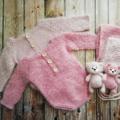 Set with teddy bear, angora, size newborn
