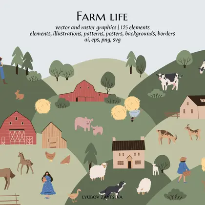 farm animals clipart, farm life svg png ai illustration