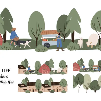farm seamless border, Pattern with small house and tree