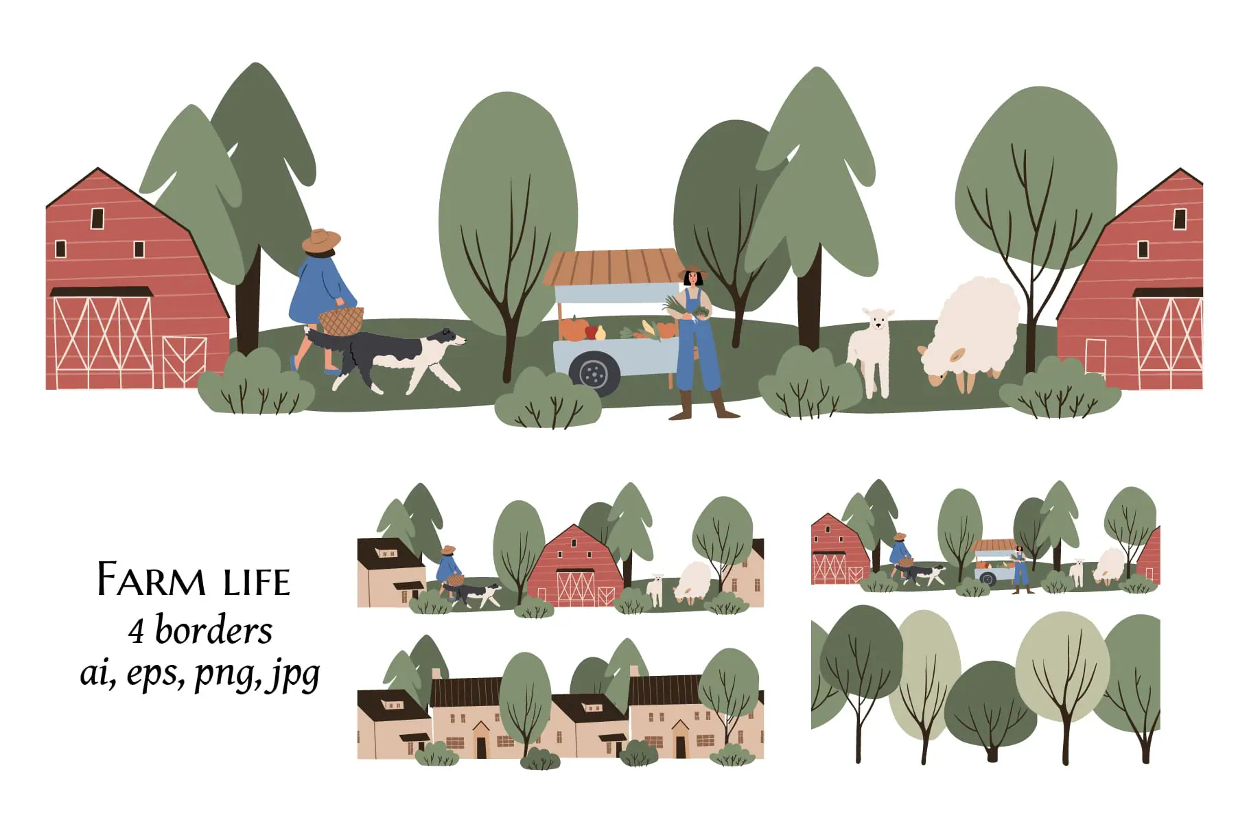 farm seamless border, Pattern with small house and tree 1 farm seamless border, Pattern with small house and tree