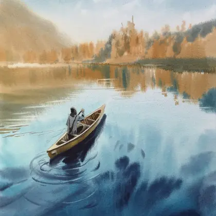 solitude mountain lake watercolor painting of canoe by Anastasia Lobuz