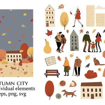 Fall Park and Scandinavian Houses Vector Elements Clipart Set