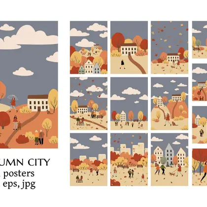 Autumn Park Scenes with Diverse People, Fall Illustrations Set