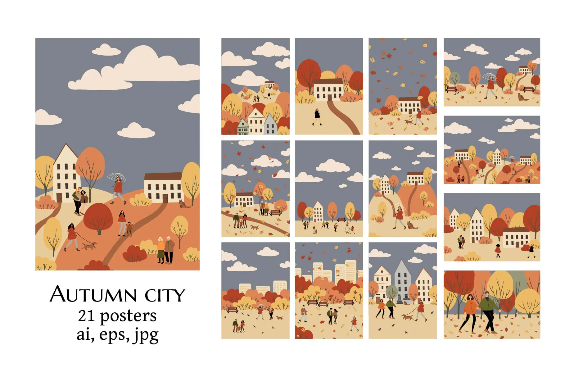 Autumn Park Scenes with Diverse People, Fall Illustrations Set 1 Autumn Park Scenes with Diverse People, Fall Illustrations Set