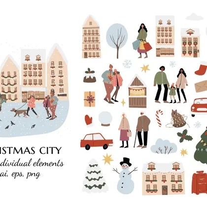 Winter City Elements and Characters Illustrations Set