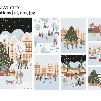 Winter City Scenes with Markets and Diverse People Illustrations