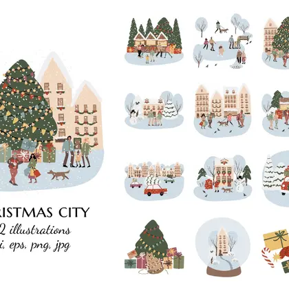Winter City Scenes with Markets and Diverse People Illustration