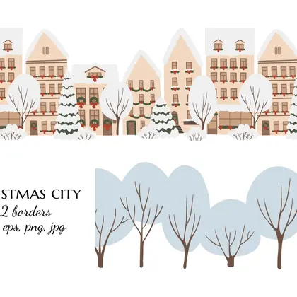 Christmas City and Forest Seamless Border Patterns