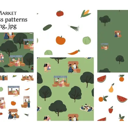 Multicultural Farmers Market Seamless Pattern Collection