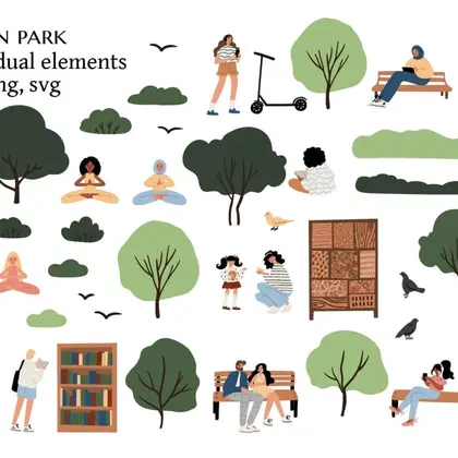 Diverse Characters and Park Elements Illustration Collection