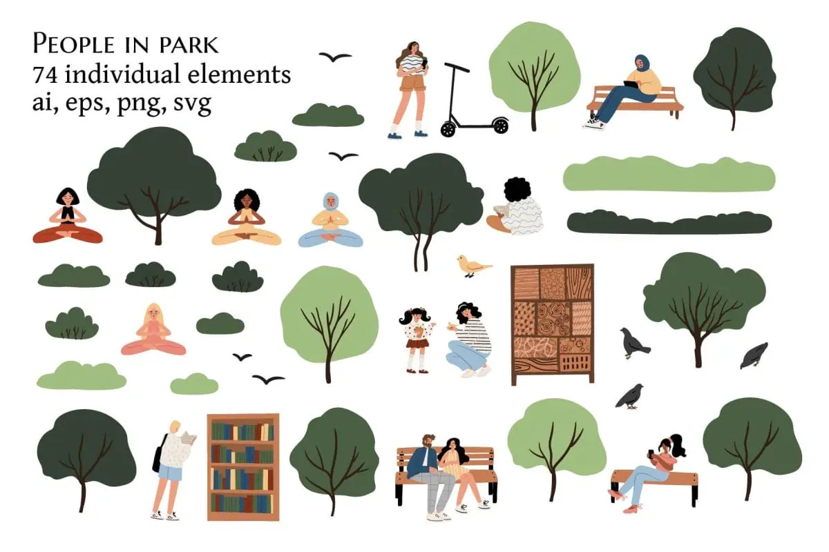 Diverse Characters and Park Elements Illustration Collection 1 Diverse Characters and Park Elements Illustration Collection
