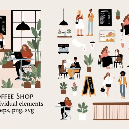 Coffee Shop with Dogs and People Illustration Clipart Set