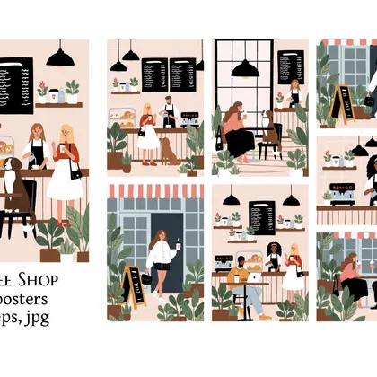Cozy Coffee Shop with Dogs Illustration Collection