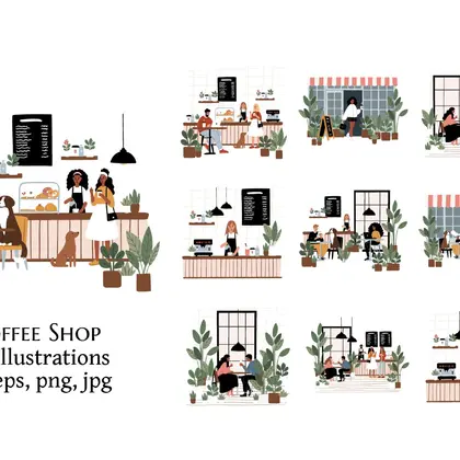 Dog Friendly Coffee Shop Vector Illustration Collection