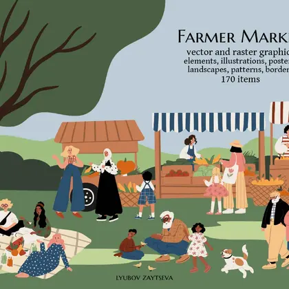 Farmer Market & Park People Scenes, illustrations, patterns