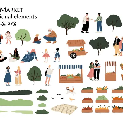 Diverse People at Farmers Market clipart, Element Set