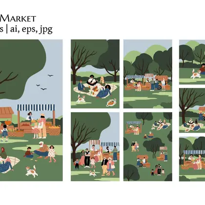 Farmer Market illustrations set with diverse people on picnic