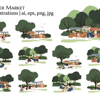 Multicultural Summer Farmer Market and Park Picnic Illustrations