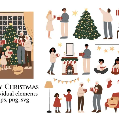 Diverse Family Christmas Clipart With Home Decor and Gifts