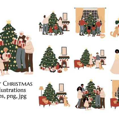 Family Christmas Scenes & Home Holiday illustration Set