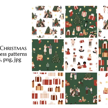 Merry Christmas Seamless Pattern Collection with Family and Gifts