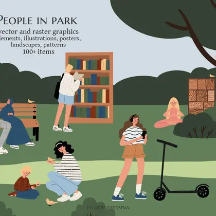 People in Park Illustration Collection, Patterns and Landscapes