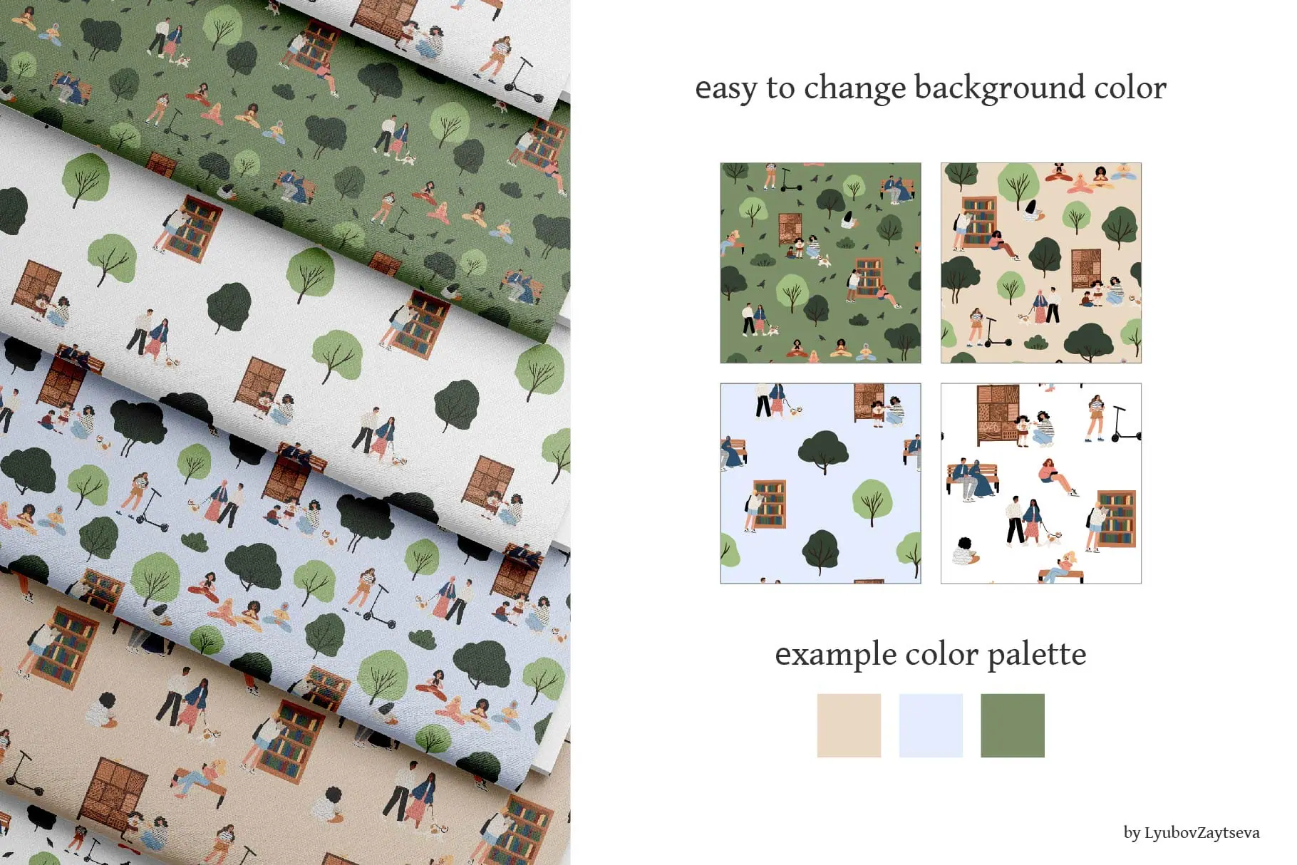 Seamless patterns featuring diverse people in park scenes, trees 4 Seamless patterns featuring diverse people in park scenes, trees - Image 4