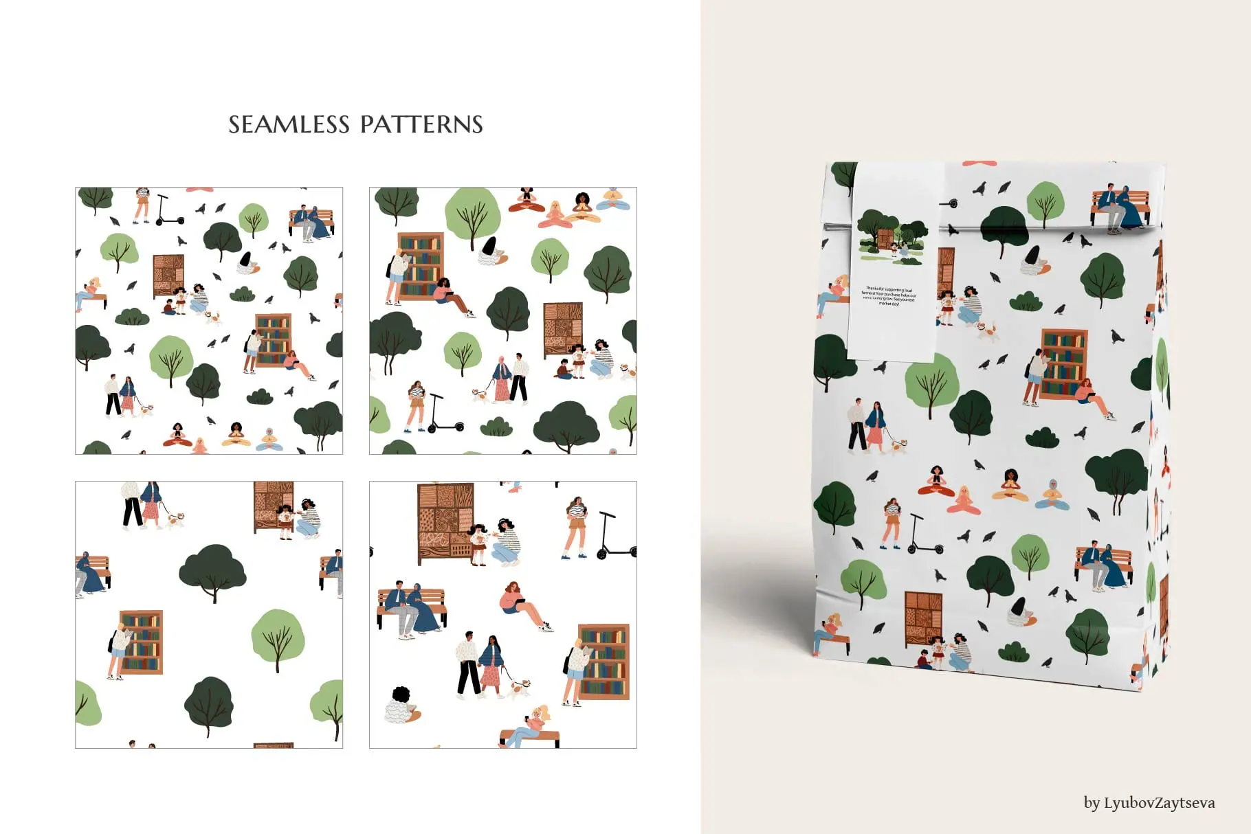 Seamless patterns featuring diverse people in park scenes, trees 3 Seamless patterns featuring diverse people in park scenes, trees - Image 3