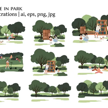 Flat Vector Illustrations of People in Park and Nature Scenes