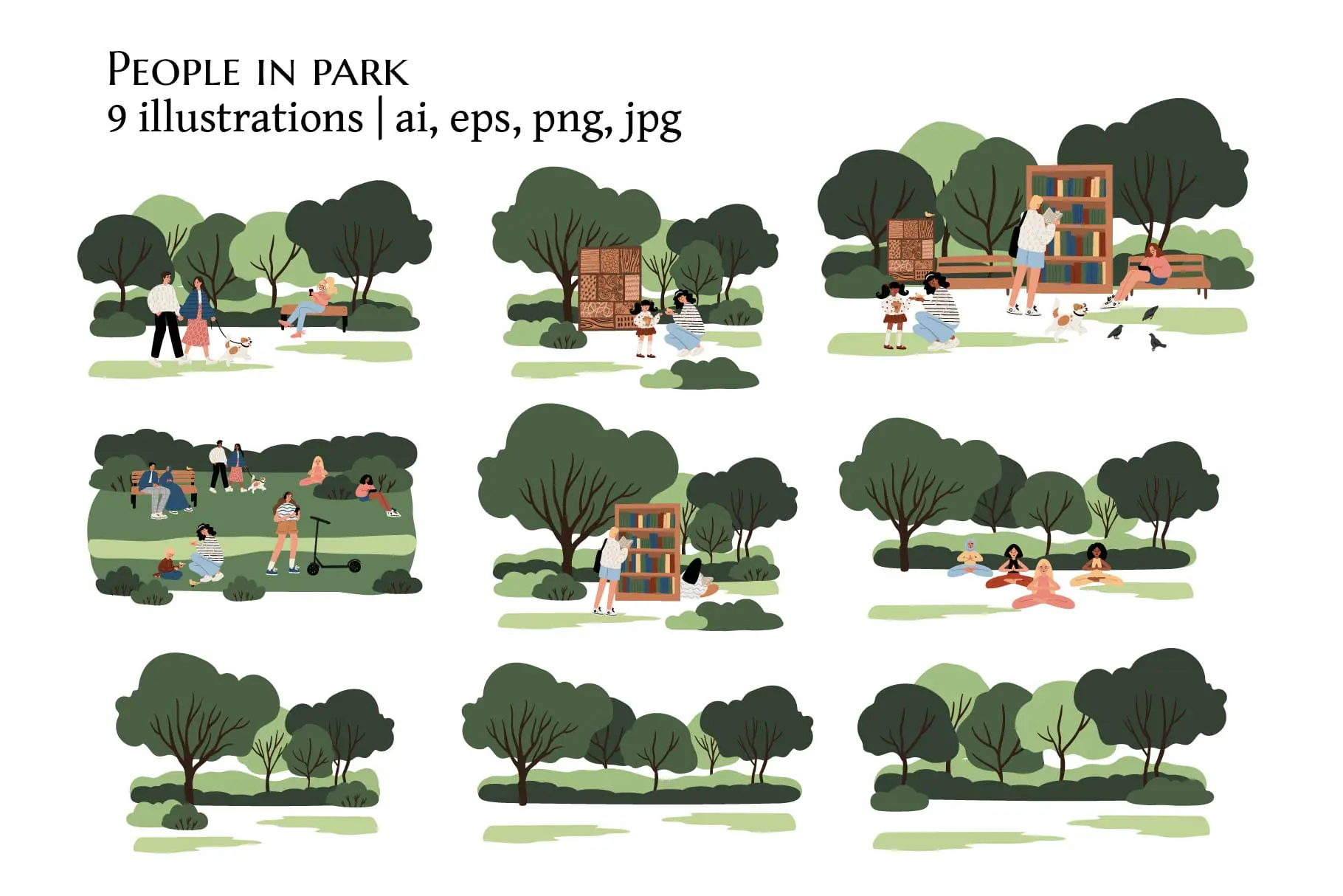 Flat Vector Illustrations of People in Park and Nature Scenes 1 Flat Vector Illustrations of People in Park and Nature Scenes