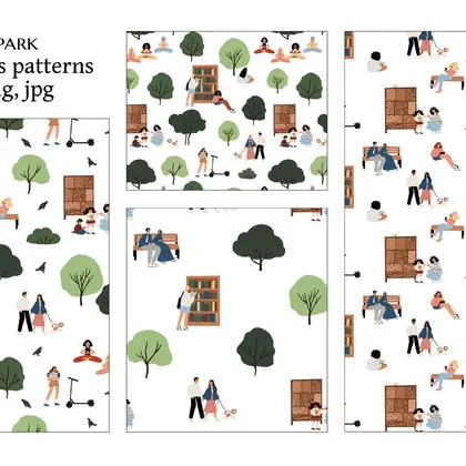 Seamless patterns featuring diverse people in park scenes, trees
