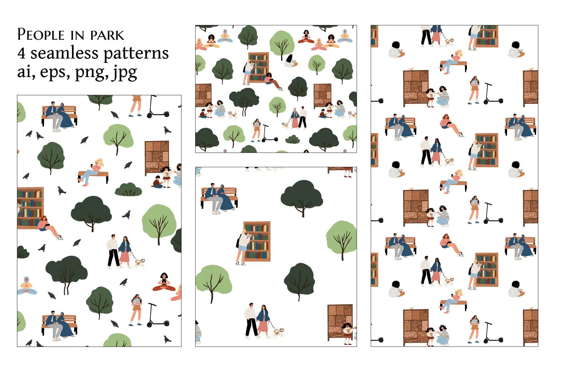 Seamless patterns featuring diverse people in park scenes, trees 1 Seamless patterns featuring diverse people in park scenes, trees