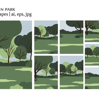 Flat vector landscapes with trees, meadows, and blue skies