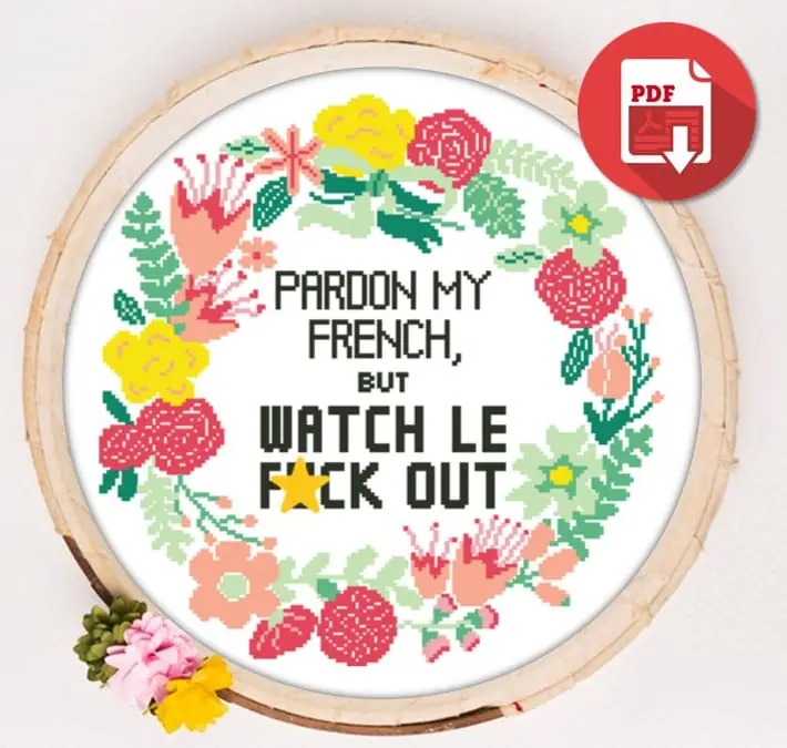 Cross Stitch Pattern Pardon My French Subversive Quote Wreath 2 Cross Stitch Pattern Pardon My French Subversive Quote Wreath - Image 2