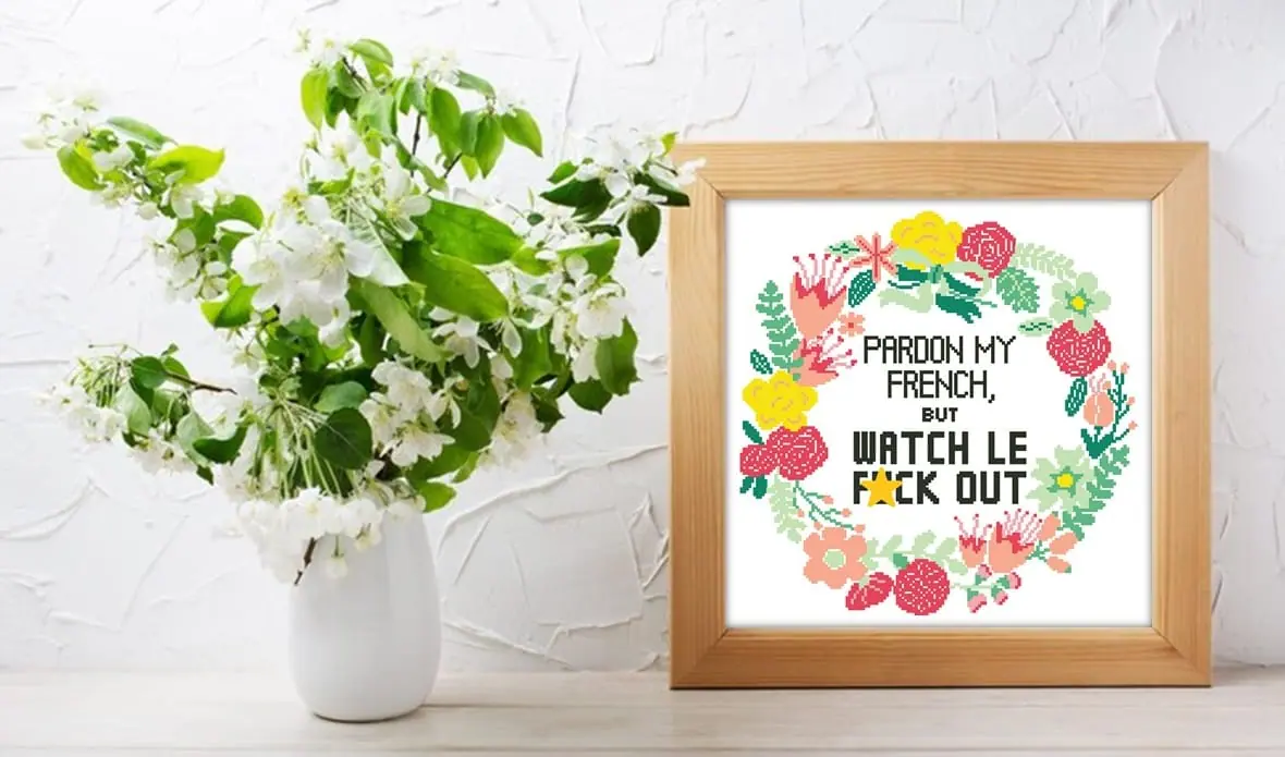 Cross Stitch Pattern Pardon My French Subversive Quote Wreath 4 Cross Stitch Pattern Pardon My French Subversive Quote Wreath - Image 4
