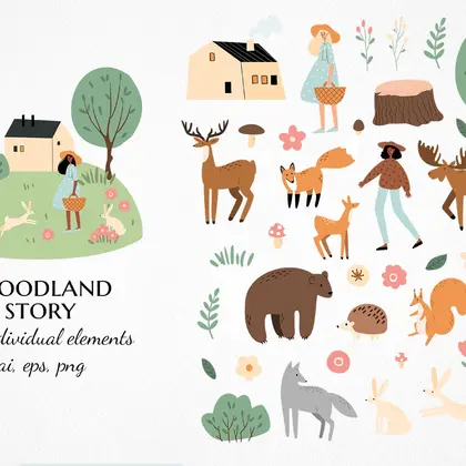 Woodland Story Elements Set with Forest Animals and Characters