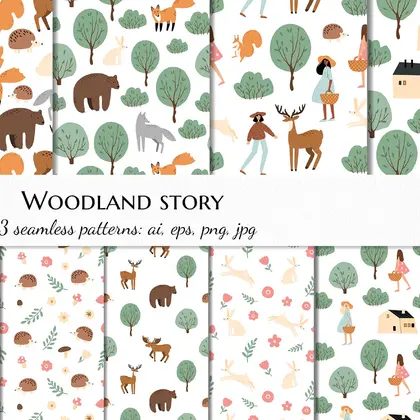Woodland Animals and Nature Seamless Pattern Collection