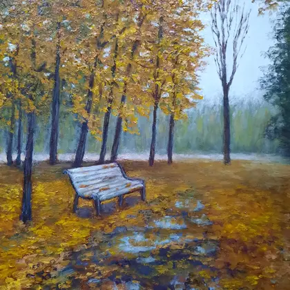 Golden autumn in a park original oil painting. Free delivery!