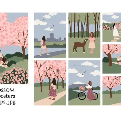 Set of Posters with Women Among Blooming Cherry Blossoms