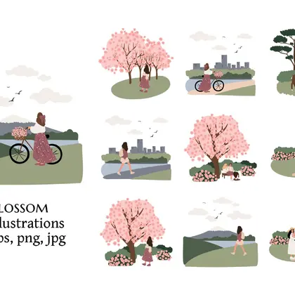 Vector Illustrations with Girls Among Blooming Cherry Blossoms